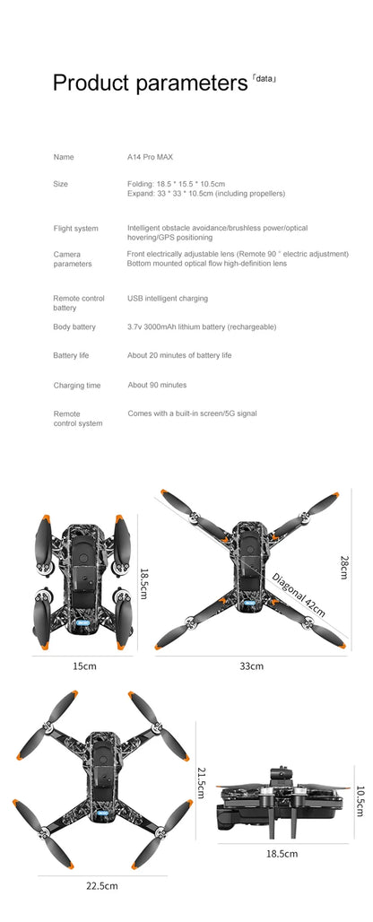 Xiaomi A14 pro Max Drone 8k HD double caméra GPS sans brosse flux optique évitement d'obstacles 4.5 pouces grand écran Uav Rc 20000m nouveau
