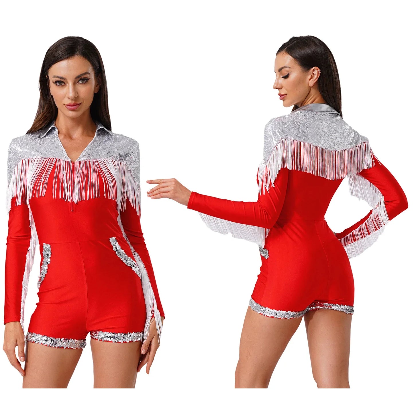 Womens Halloween Western Cowgirl Playsuit Sparkly Cosplay Costume 70s 80s Disco Bodysuit Tassel Fringe Sequins Boyshorts Rompers