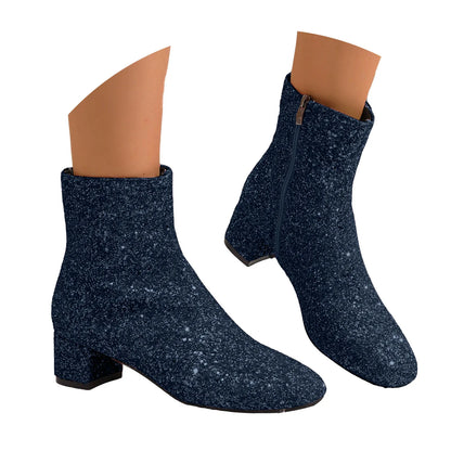 Luxury Sequined Women Ankle Boots Solid Color Chunky Block Heels Short Boot Side Zipper Autumn Winter Party Shoes Large Size