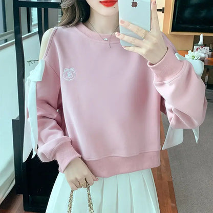 Sweat-shirt à épaules dénudées pour femmes, mode Harajuku, vêtements pour jeunes, Sport essentiel, nouveau, basique, bleu, hauts pull pour femmes