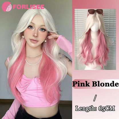 Pink Blonde Highlights Long Wavy Wig Synthetic Colorful Lolita Cosplay Hair Wigs with Bangs for Women Heat Resistant Daily Use
