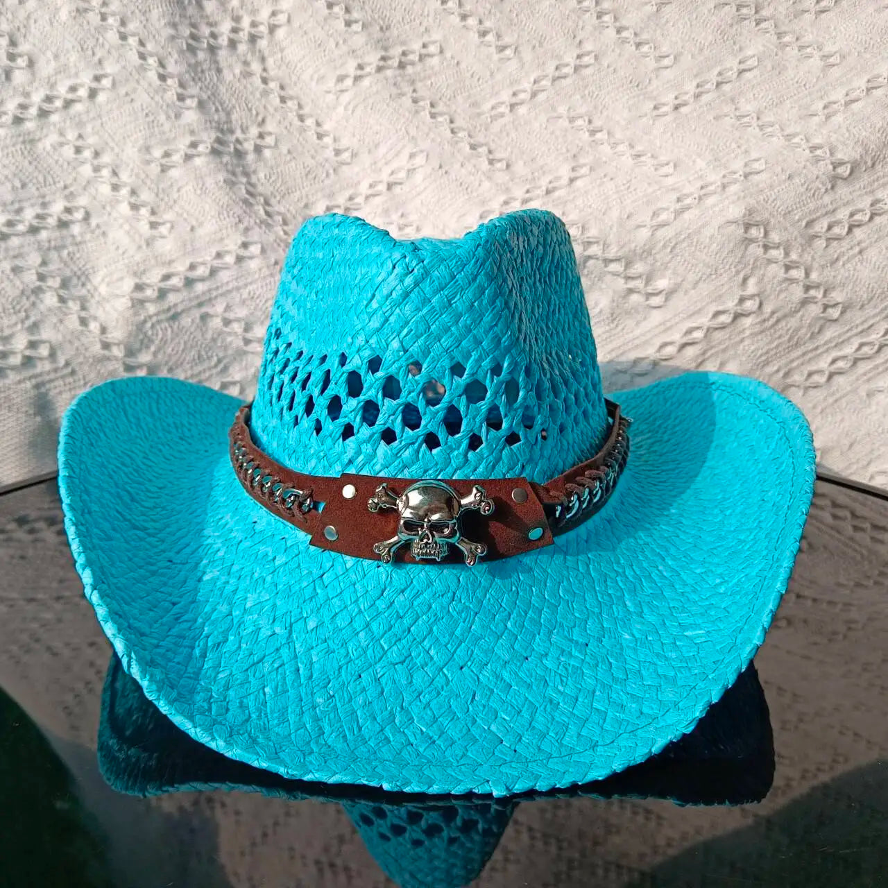 Chapeau de paille de cowboy vert matcha, tissé à la main, creux, pour hommes et femmes, chapeau de soleil d'été, chapeau de paille de cowboy occidental