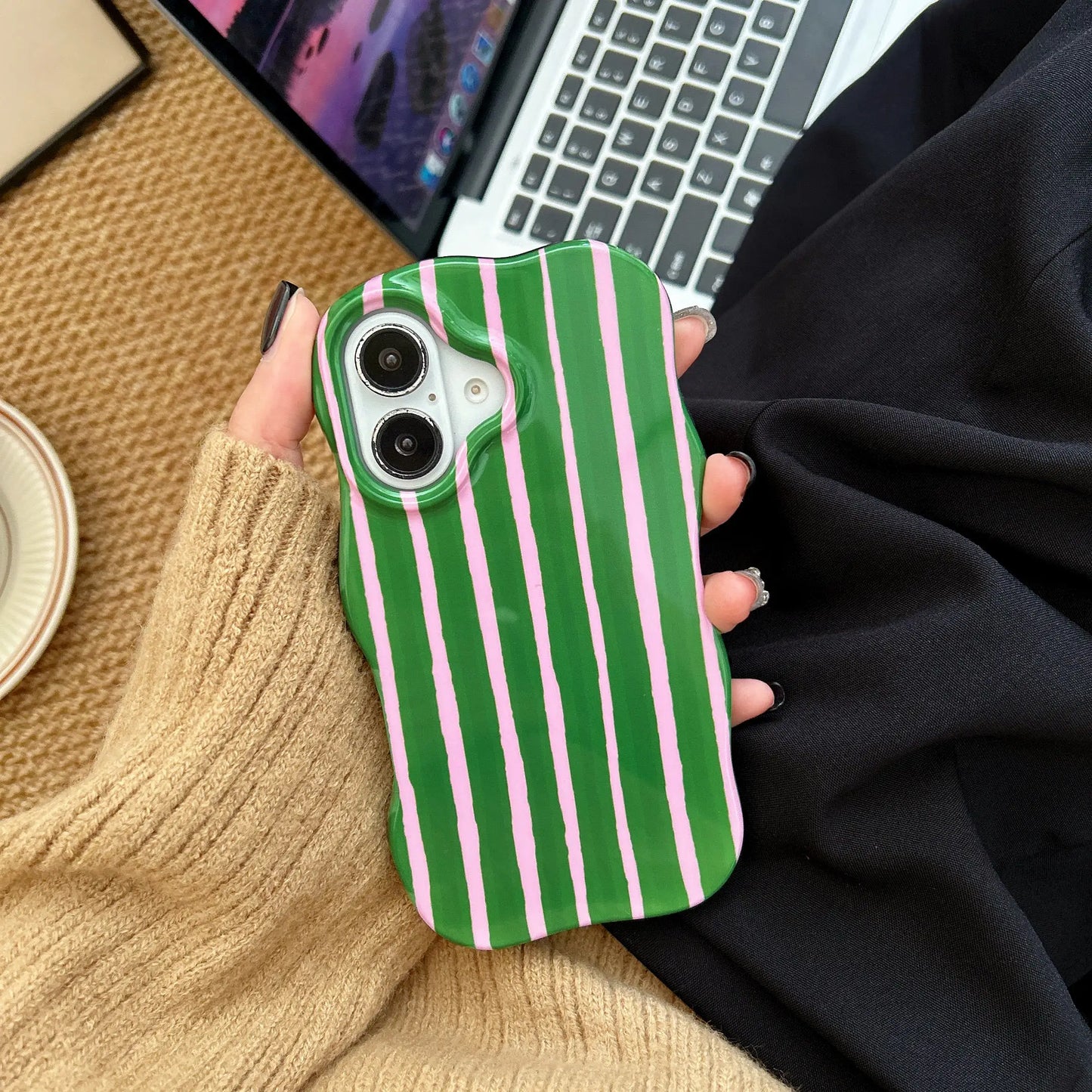 Fashion 2 in 1 Glossy Stripes Phone Case for iPhone 13 14 15 16 Pro Max Wave Edges Comfortable Touch Hard Slim Back Cover Shell