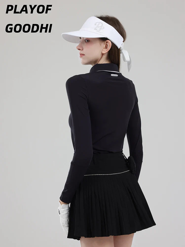 Vêtements de golf pour femme - T-shirt de golf à manches longues pour femme - Hauts de golf à col polo - Jupe plissée taille haute - Jupe-short de golf avec short intérieur