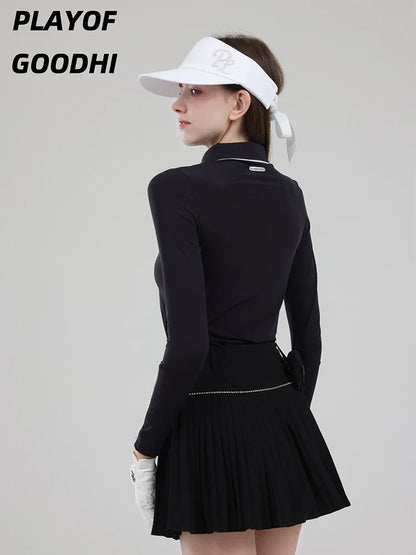 Vêtements de golf pour femme - T-shirt de golf à manches longues pour femme - Hauts de golf à col polo - Jupe plissée taille haute - Jupe-short de golf avec short intérieur