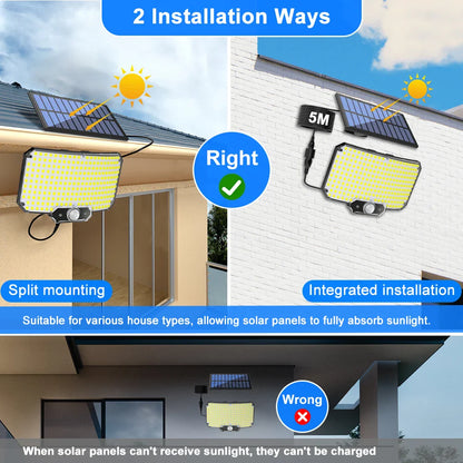 Lumières d'inondation solaires extérieures 106/318 LED lumières de mouvement solaires lumières de sécurité solaires à distance appliques murales étanche 3 Modes jardin