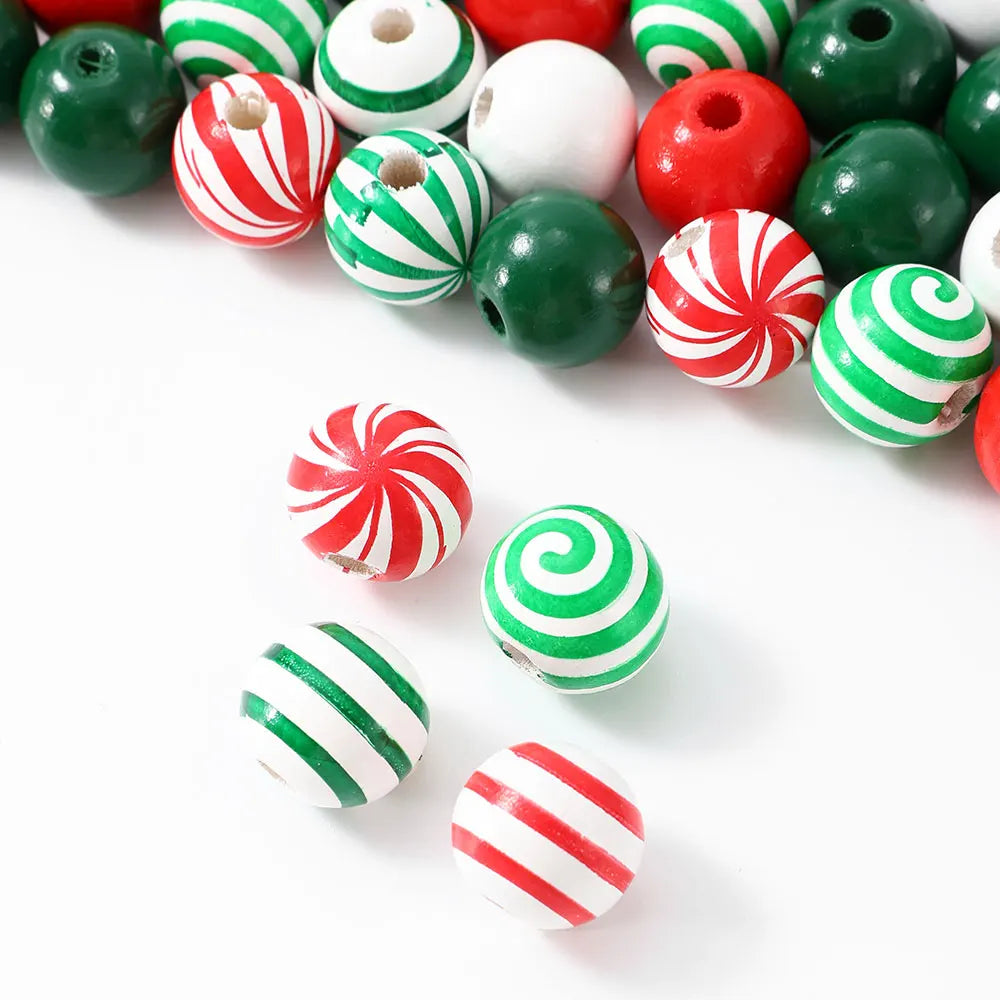 iYOE 20pcs 16mm Candy Pattern Red Green Stripes Solid Colored Spacer Wooden Beads for Jewelry Making Christmas Necklace Bracelet