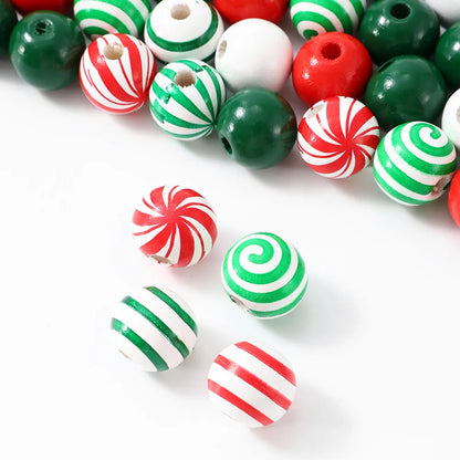 iYOE 20pcs 16mm Candy Pattern Red Green Stripes Solid Colored Spacer Wooden Beads for Jewelry Making Christmas Necklace Bracelet