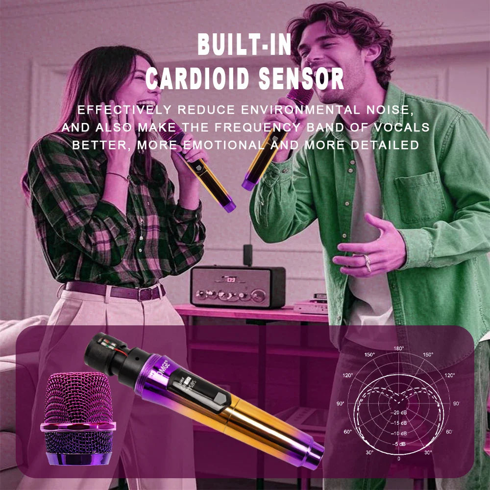 Professional 2 Channel DJ Karaoke Wireless Microphone System With Colorful purple mic Wireless Rechargable Receiver for Party DJ