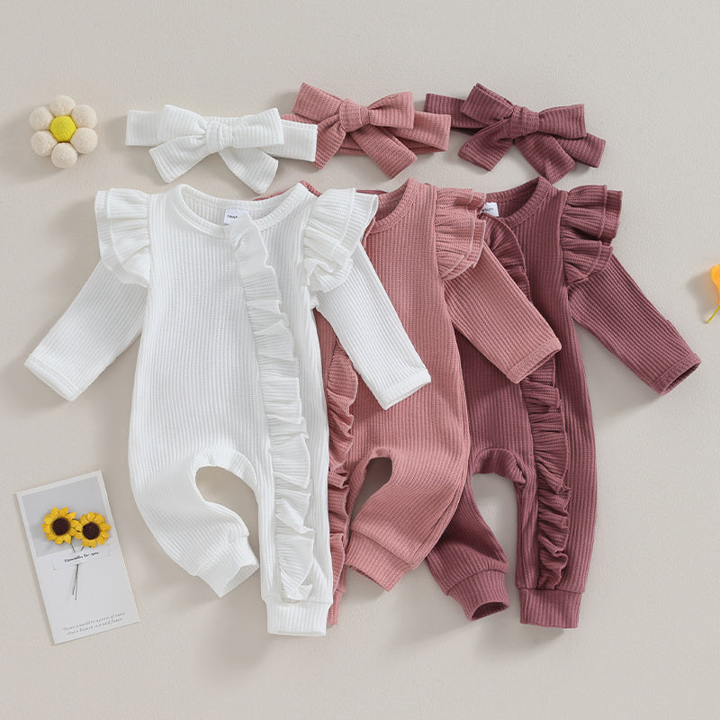 FOCUSNORM 0-12M Autumn Infant Baby Girls Boys Jumpsuit 2pcs Solid Color Round Neck Ruffles Long Flying Sleeve Zipper Jumpsuits