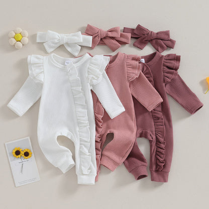 FOCUSNORM 0-12M Autumn Infant Baby Girls Boys Jumpsuit 2pcs Solid Color Round Neck Ruffles Long Flying Sleeve Zipper Jumpsuits