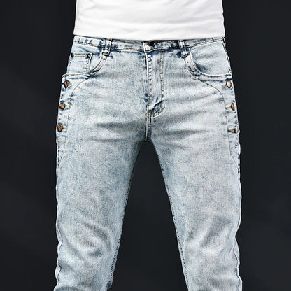 Slim Skinny Jeans Men New Elastic Korean Design Fashion Multi-Button Blue White Vintage Wash Cotton Stretch Denim Pants Trousers
