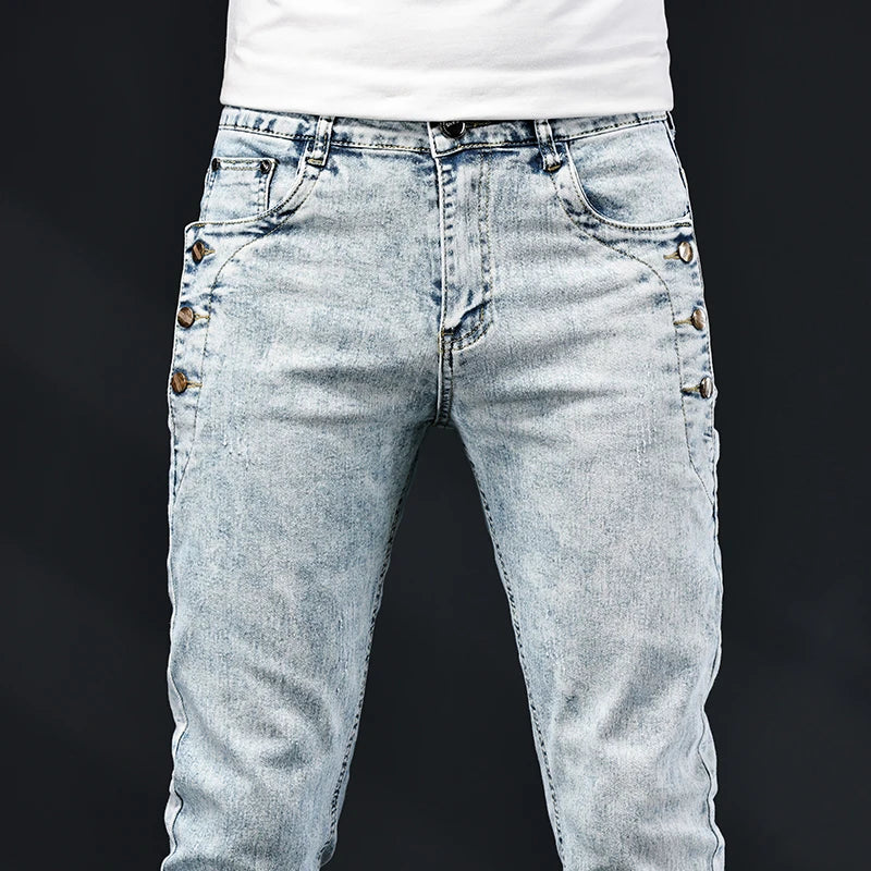 Slim Skinny Jeans Men New Elastic Korean Design Fashion Multi-Button Blue White Vintage Wash Cotton Stretch Denim Pants Trousers