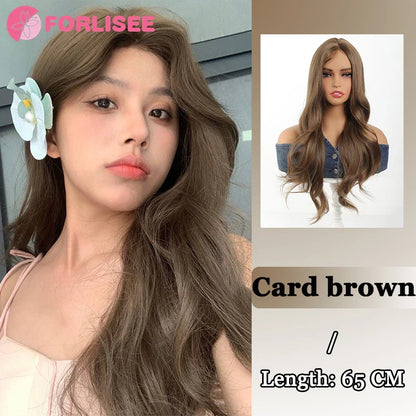 Pink Blonde Highlights Long Wavy Wig Synthetic Colorful Lolita Cosplay Hair Wigs with Bangs for Women Heat Resistant Daily Use