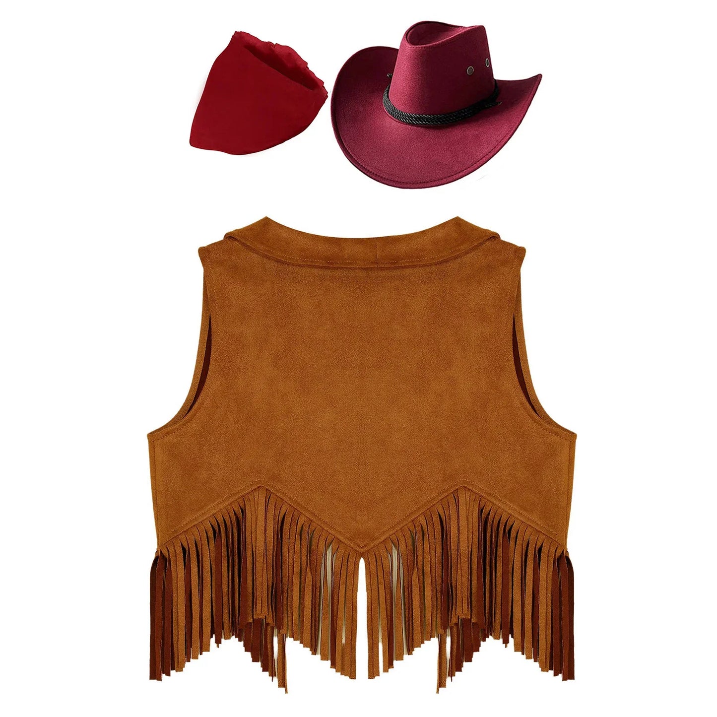 Costume de cosplay pour filles, cow-girl western, gilet en daim rétro à franges, ouvert sur le devant, avec bandana, foulard et chapeau pour Halloween et le carnaval