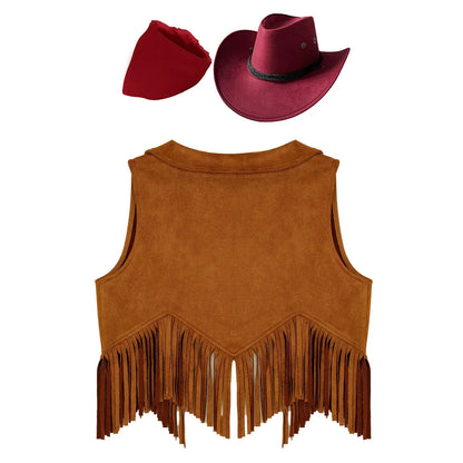 Costume de cosplay pour filles, cow-girl western, gilet en daim rétro à franges, ouvert sur le devant, avec bandana, foulard et chapeau pour Halloween et le carnaval