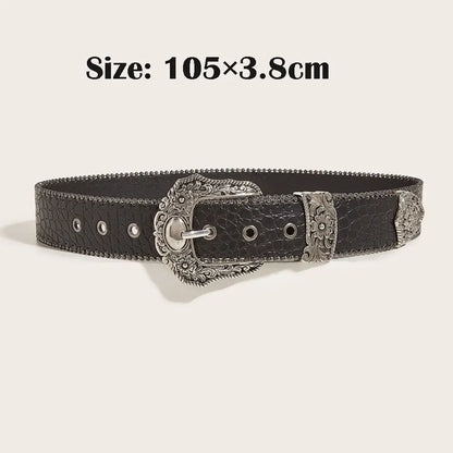 Western PU Leather Belt Western Cowboy Women Cowgirl Unisex Waist Belt with Metal Engraved Buckle