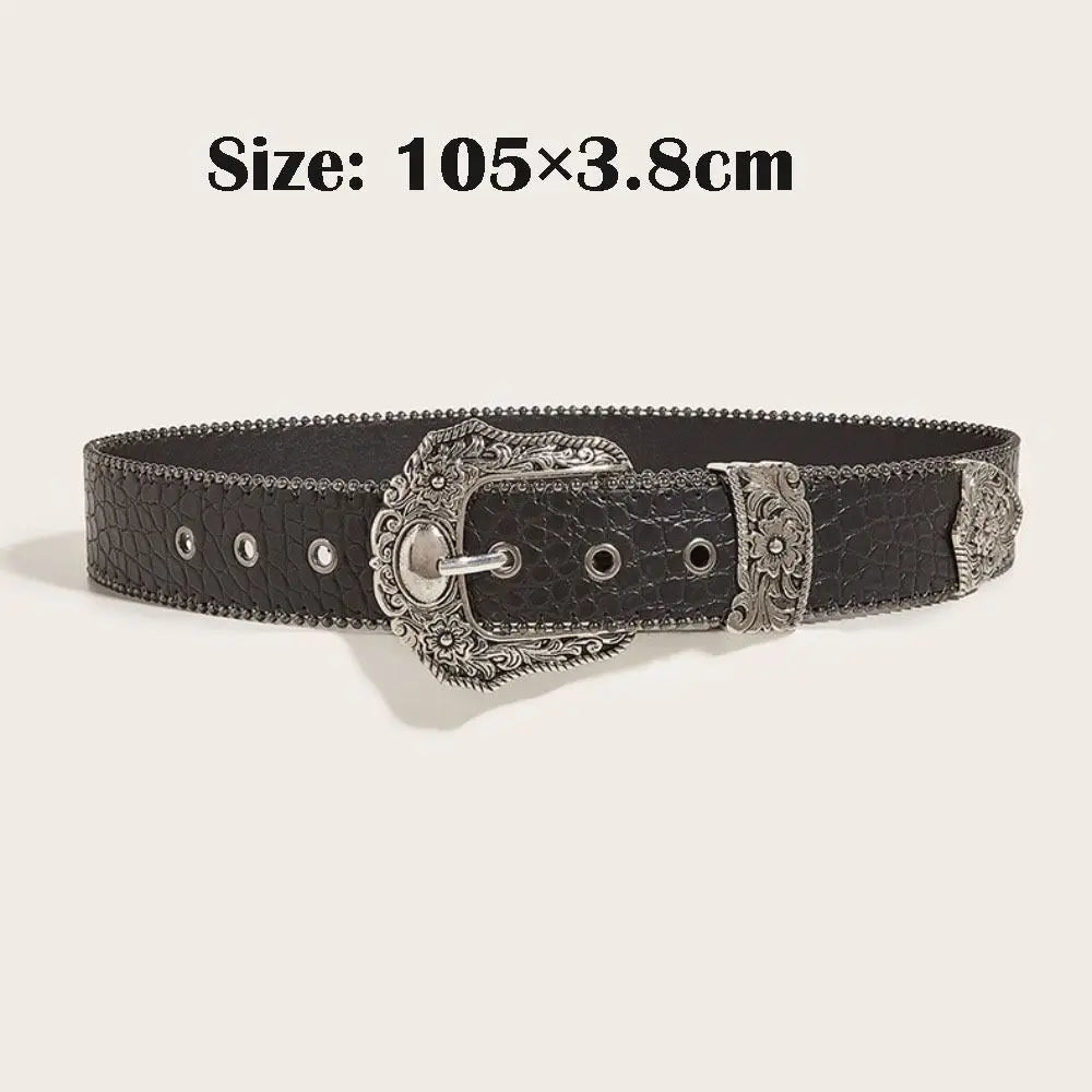 Western PU Leather Belt Western Cowboy Women Cowgirl Unisex Waist Belt with Metal Engraved Buckle