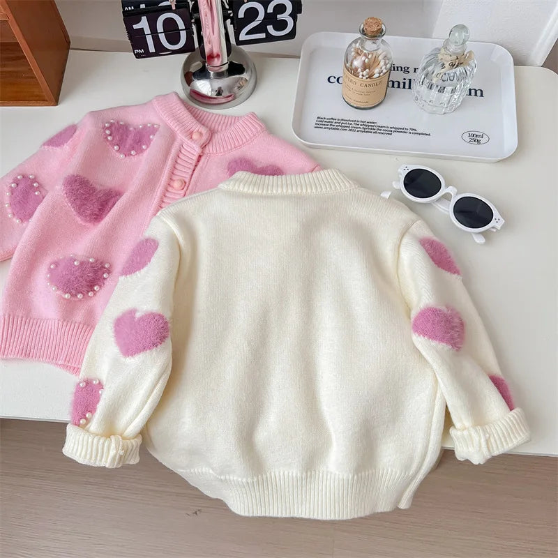 Children's Pink Heart Pearl Color Matching Knitted Cute Casual Sweater Cardigan Girl Spring and Autumn Jacket