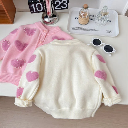 Children's Pink Heart Pearl Color Matching Knitted Cute Casual Sweater Cardigan Girl Spring and Autumn Jacket