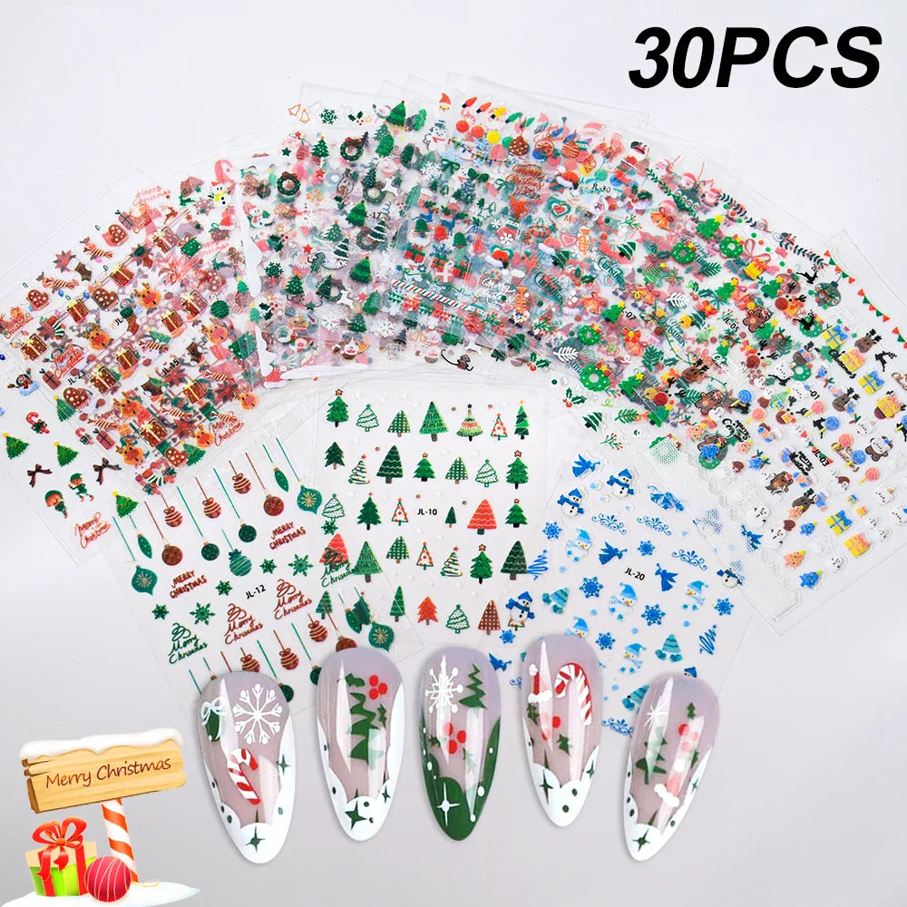 30Pcs Christmas Santa Claus 3D Nail Art Stickers Glitter Cartoon Snowflakes/Snowman/Pine Winter Sliders Xmas DIY Manicure Decals