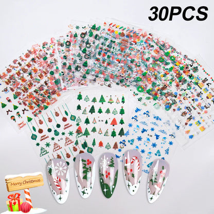 30Pcs Christmas Santa Claus 3D Nail Art Stickers Glitter Cartoon Snowflakes/Snowman/Pine Winter Sliders Xmas DIY Manicure Decals