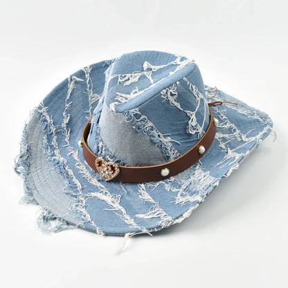 Western Cowboy Hat for Women Men Washed Denim Cowgirl Jazz Hat Suitable for Daily Casual Wear, Western Cowboy Party, Bar Cowboy