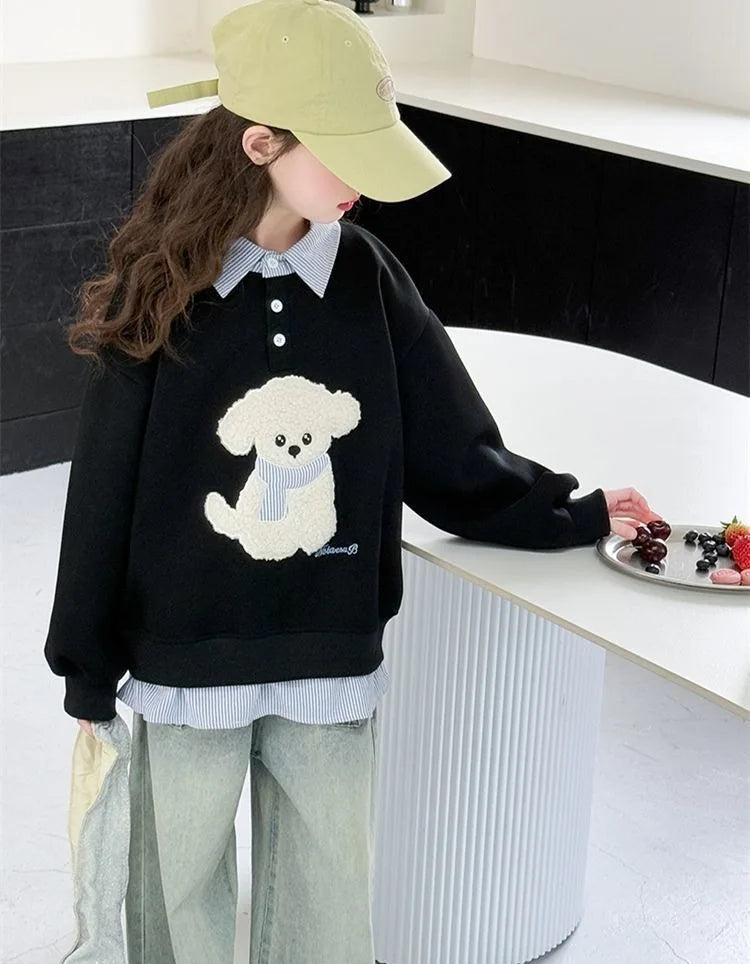 Sweat-shirt à capuche pour filles, Polo deux pièces en Faux, moyen-grand, coupe ample, haut de chiot de dessin animé, nouvelle collection printemps/automne 2025
