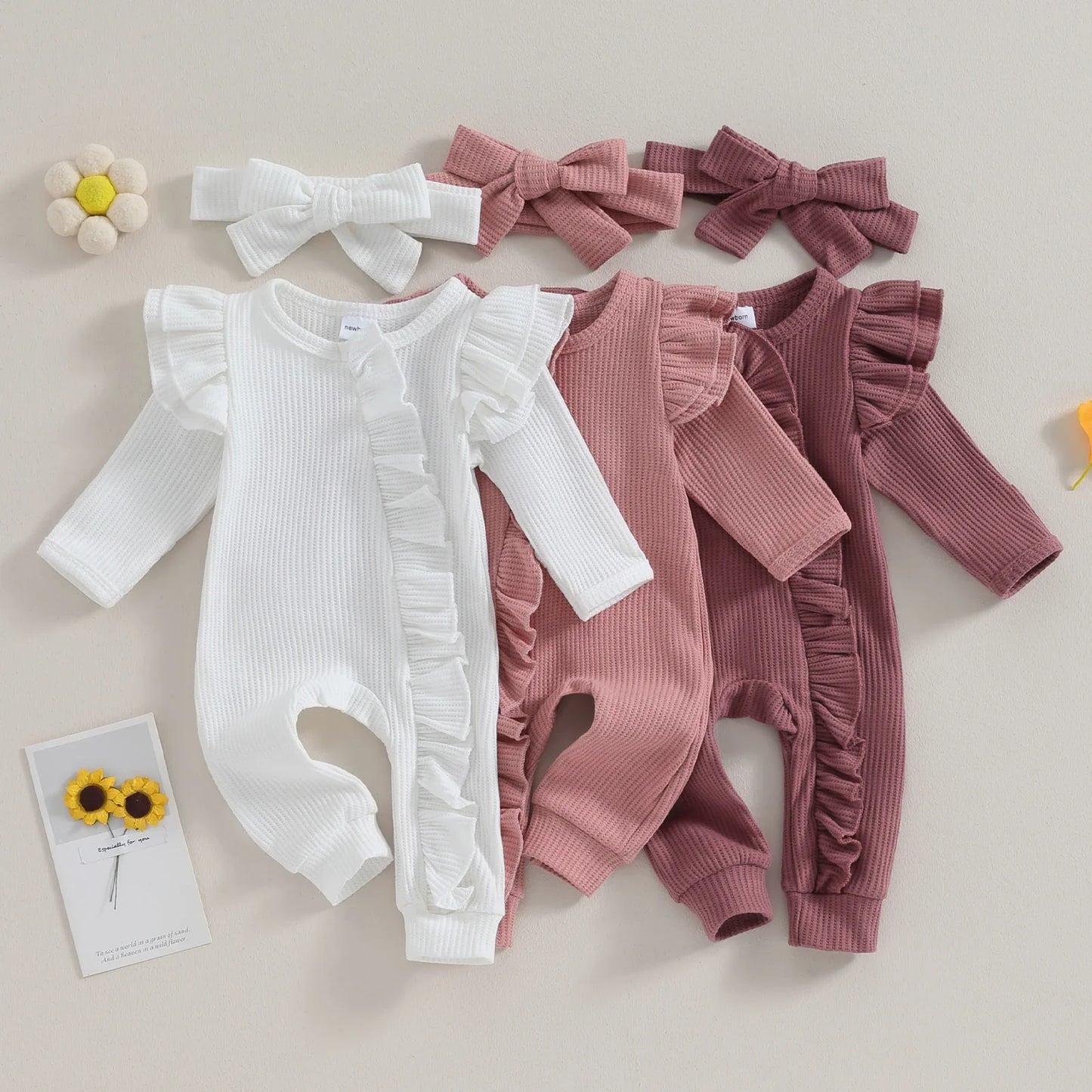 FOCUSNORM 0-12M Autumn Infant Baby Girls Boys Jumpsuit 2pcs Solid Color Round Neck Ruffles Long Flying Sleeve Zipper Jumpsuits