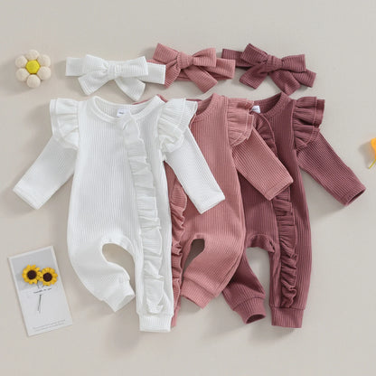 FOCUSNORM 0-12M Autumn Infant Baby Girls Boys Jumpsuit 2pcs Solid Color Round Neck Ruffles Long Flying Sleeve Zipper Jumpsuits