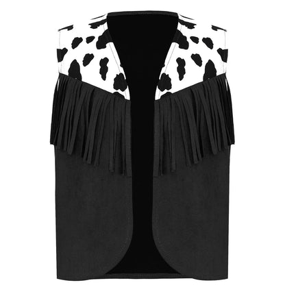 Enfants enfant Halloween Western Cowboy Cowgirl Cosplay Costume imprimé vache gilet à pampilles et ensemble de pantalon évasé Carnaval fête habiller