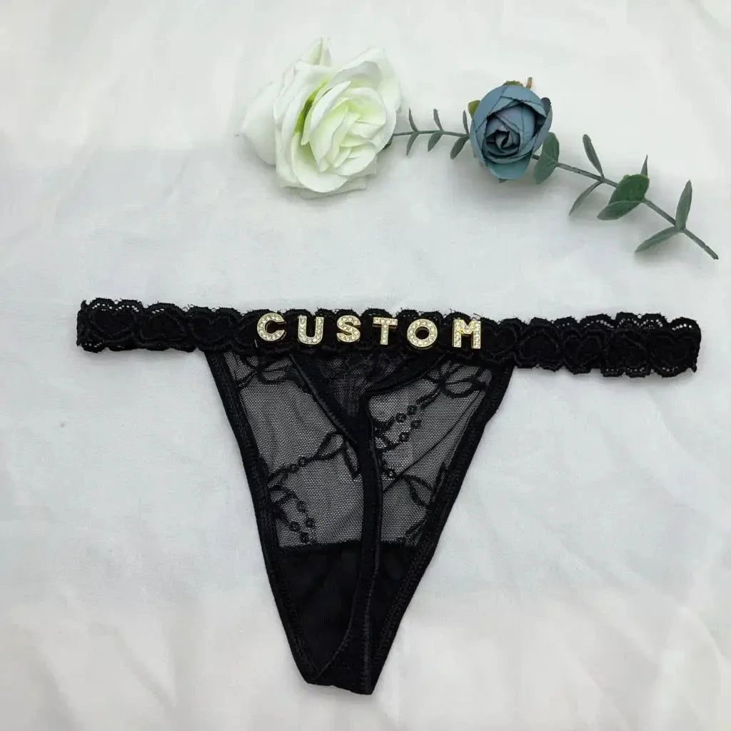 Tongs personnalisées avec nom pour petit ami, lettre en cristal, bijoux de corps pour femmes, Bikini Sexy en dentelle, culotte string, cadeau de saint valentin