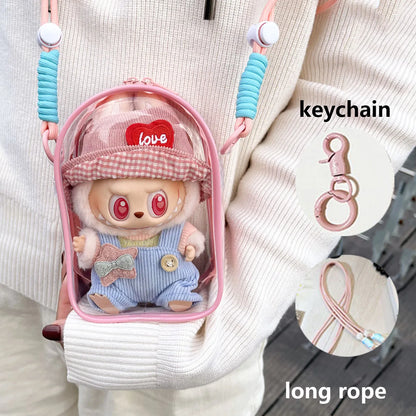 Pour sac bandoulière Labubu V2 de 15 cm en coton, sac de rangement en PVC, sac d'affichage pour poupées à pompon