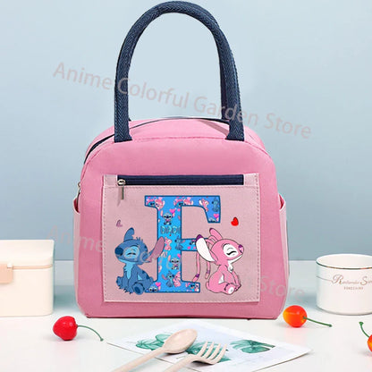Anime Stitch High-capacity Lunch Bag Cartoon Letter A-Z Printed Insulated Box Picnic Portable Food Keep Fresh Handbag Bento Bags