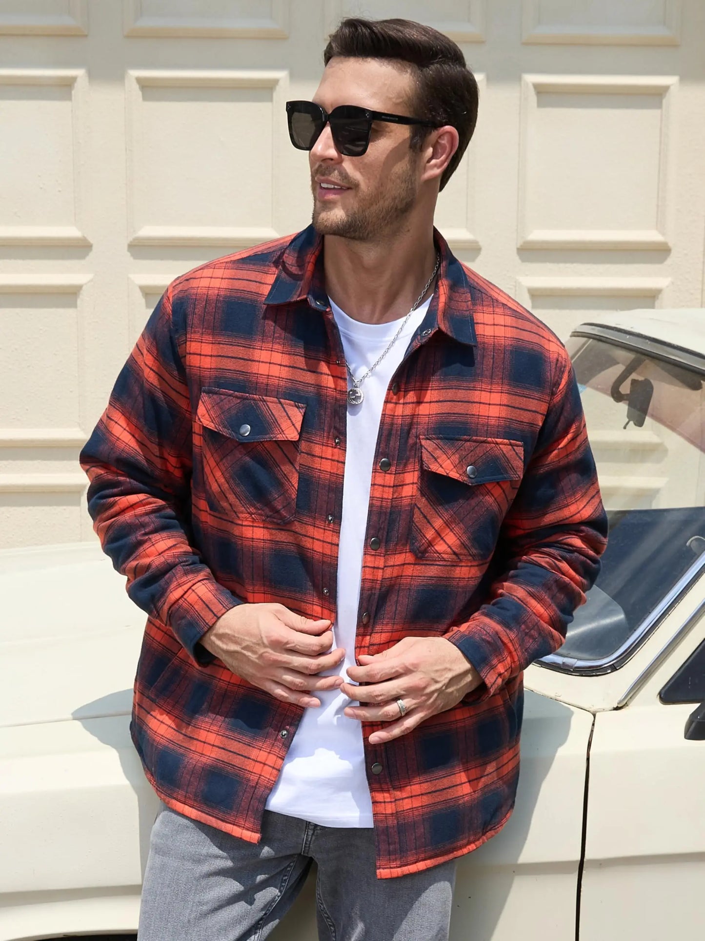 TACVASEN Winter Plaid Cotton Jackets Mens Long Sleeve Quilted Lined Flannel Shirt Jacket Multi-Pockets Outwear Hiking Coats Tops