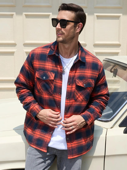 TACVASEN Winter Plaid Cotton Jackets Mens Long Sleeve Quilted Lined Flannel Shirt Jacket Multi-Pockets Outwear Hiking Coats Tops