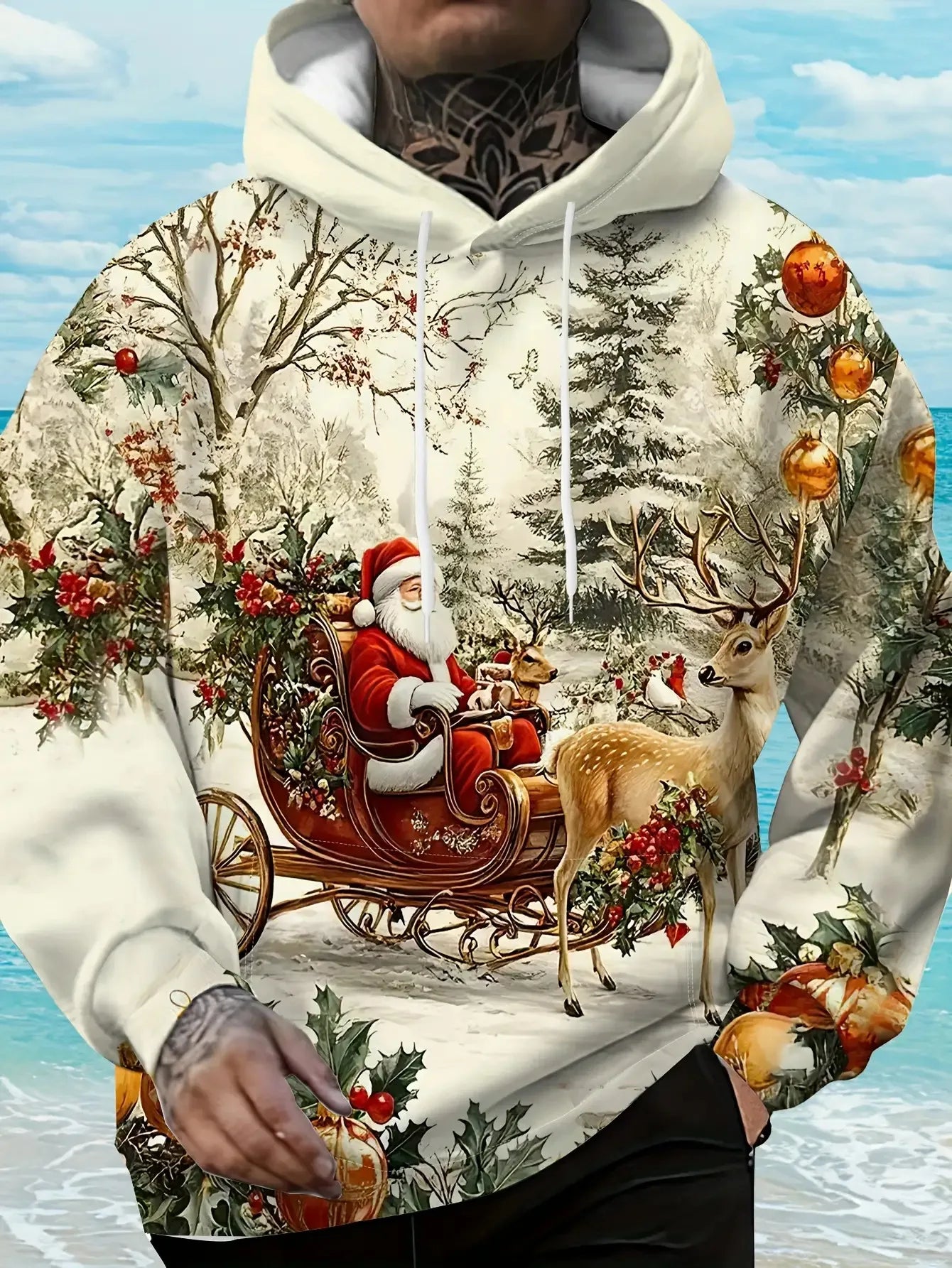 Sweat à capuche surdimensionné pour homme avec imprimé 3D Père Noël et rennes pour fêtes de fin d'année, événements hivernaux, vêtements pour homme, streetwear