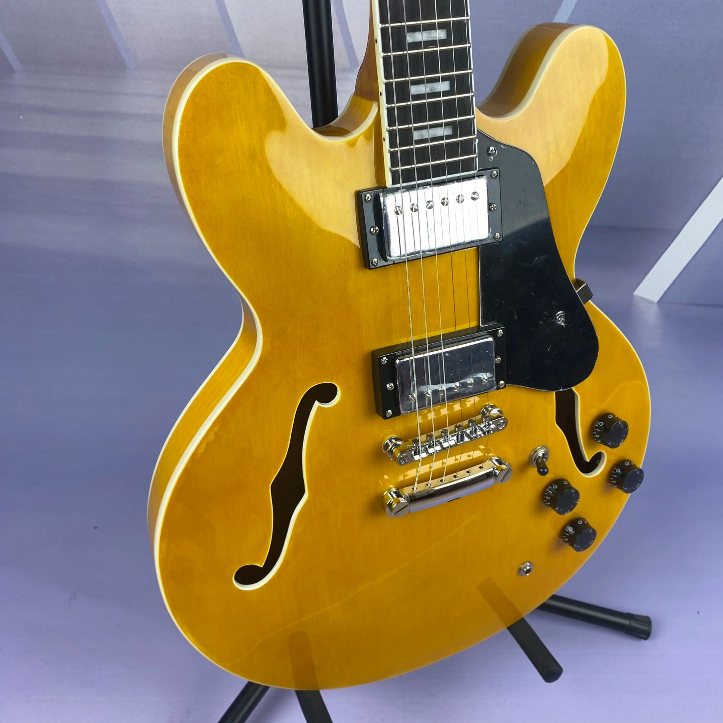 Guitare électrique jaune à corps semi-creux, pont fixe, expédié depuis les états-unis