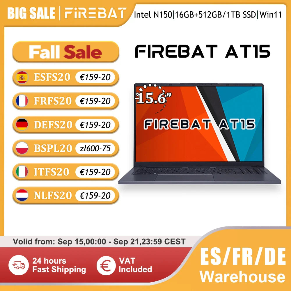 Firebat Laptop AT15 15.6 Inch Intel N150 DDR4 16GB RAM 512GB 1TB SSD 1920*1080 Windows 11 Notebook Backlit Integrated Numpad
