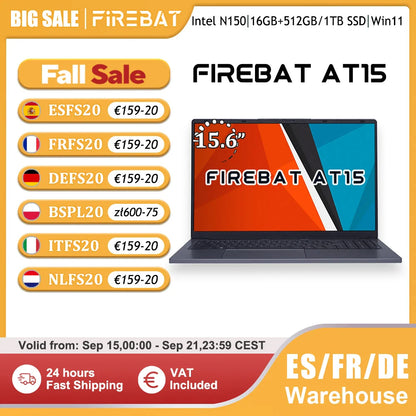 Firebat Laptop AT15 15.6 Inch Intel N150 DDR4 16GB RAM 512GB 1TB SSD 1920*1080 Windows 11 Notebook Backlit Integrated Numpad