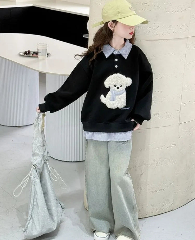 Sweat-shirt à capuche pour filles, Polo deux pièces en Faux, moyen-grand, coupe ample, haut de chiot de dessin animé, nouvelle collection printemps/automne 2025