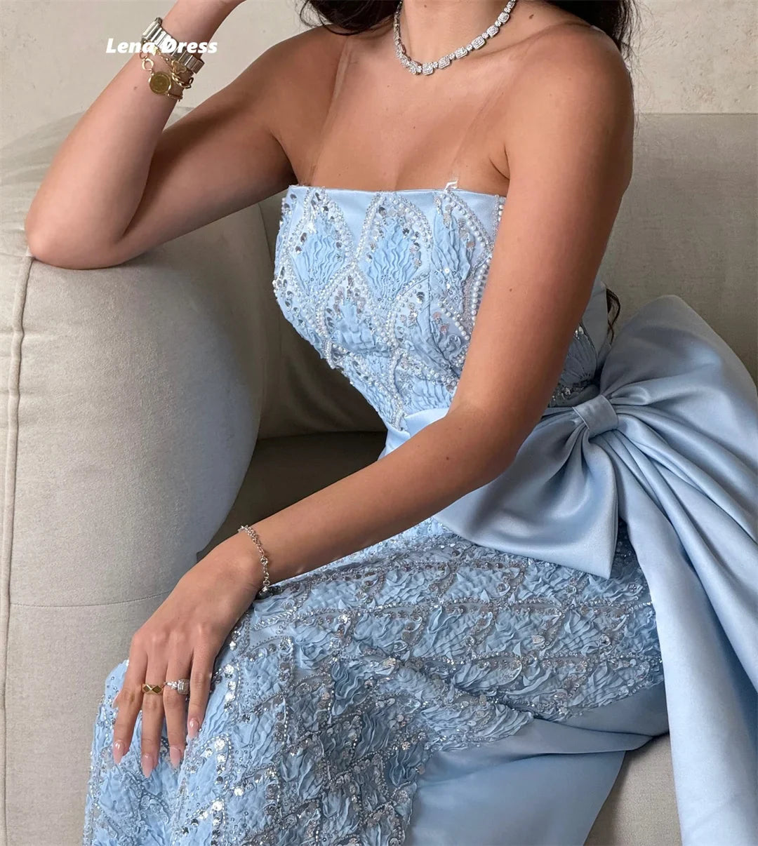Lena Sky Blue Evening Dresses Woman Elegant Party Dresses 2025 Woman Luxury Custom Made Bow Robe De Cocktail Femme Sleeveless