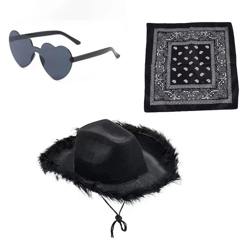 Ensemble de chapeaux de Cowboy roses, 3 pièces, chapeaux de fête d'enterrement de vie de jeune fille, chapeaux de Cowgirl occidentale en plumes, casquettes de Costume de fête + lunettes + mouchoir