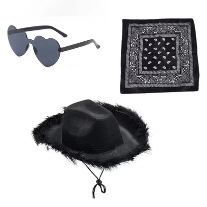 Ensemble de chapeaux de Cowboy roses, 3 pièces, chapeaux de fête d'enterrement de vie de jeune fille, chapeaux de Cowgirl occidentale en plumes, casquettes de Costume de fête + lunettes + mouchoir