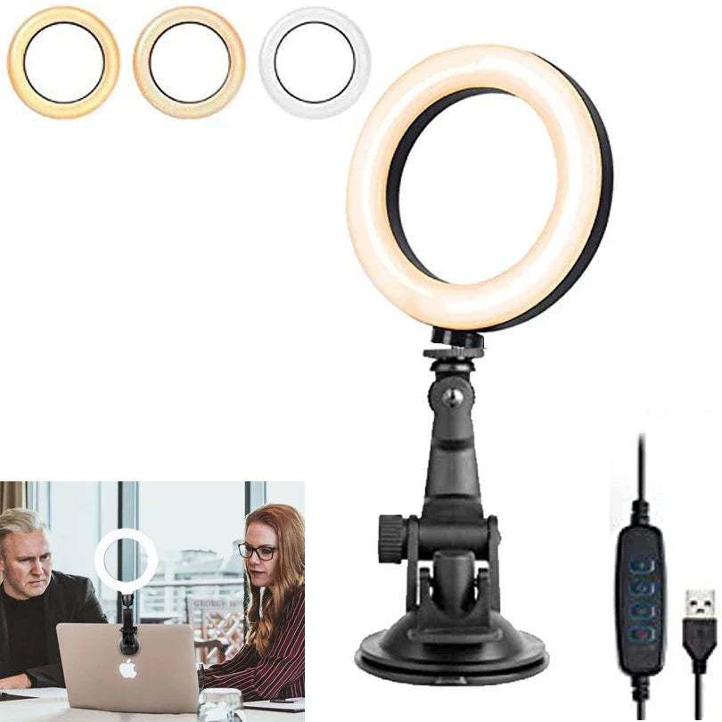 LED Ring Light with Tripod and Suction Cup for Selfie, 16cm, Portable USB Plug, Laptop Lighting, Video Conferencing, Makeup