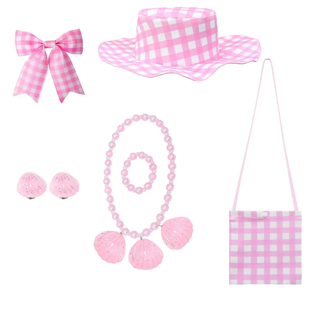 Costume Barbie La Movie pour filles Margot Robbie Robe tutu en tulle à carreaux rose Vêtements de déguisement de princesse pour enfants pour Halloween et fêtes d'anniversaire