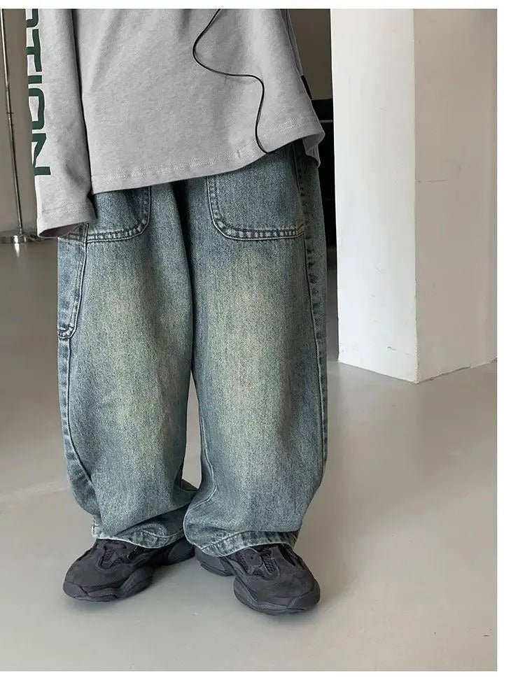 Korean Children's Denim Overalls Spring Autumn Casual Jeans Wide Denim Pants Wide Leg Jeans for Kids Loose Streetwear Trouser