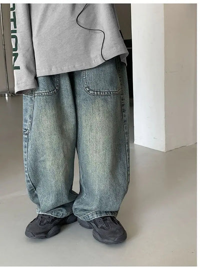 Korean Children's Denim Overalls Spring Autumn Casual Jeans Wide Denim Pants Wide Leg Jeans for Kids Loose Streetwear Trouser