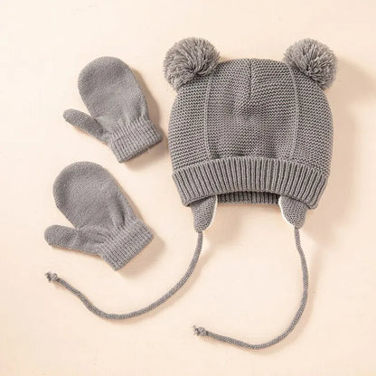 Ensemble de gants et bonnets en tricot pour bébé, protection des oreilles pour bébé, bonnet pour tout-petit, document solide, mignon, guerre en plein air, filles et garçons, automne et hiver, 2 pièces