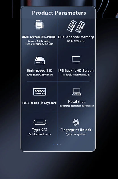 Genmachine Laptop AMD Ryzen™ 9 4900H 15.6 Inch LPDDR4 RAM M.2 NVME SSD Business Gaming Laptop Computer Notebook Radeon Graphics